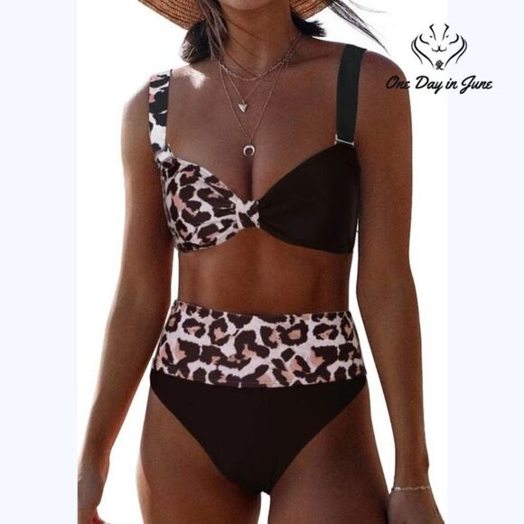 ODIJ Colorblock  Leapoard Knot Bikini Swimsuit Size L - Picture 1 of 4